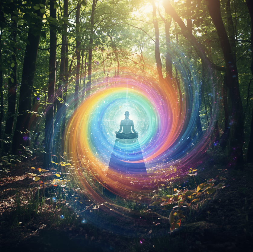 Soul meditating in a forest surrounded by rainbow light